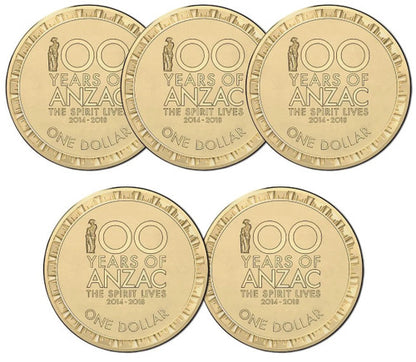 First World War Centenary The Spirit Lives 2014-2018 $1 Dollar 5 coin set