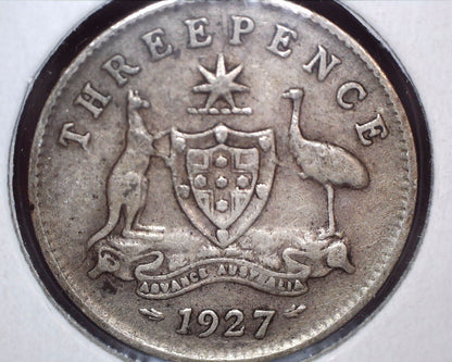 1927 Australian Three Pence - 92.5% Silver - Break in Emu Leg Error