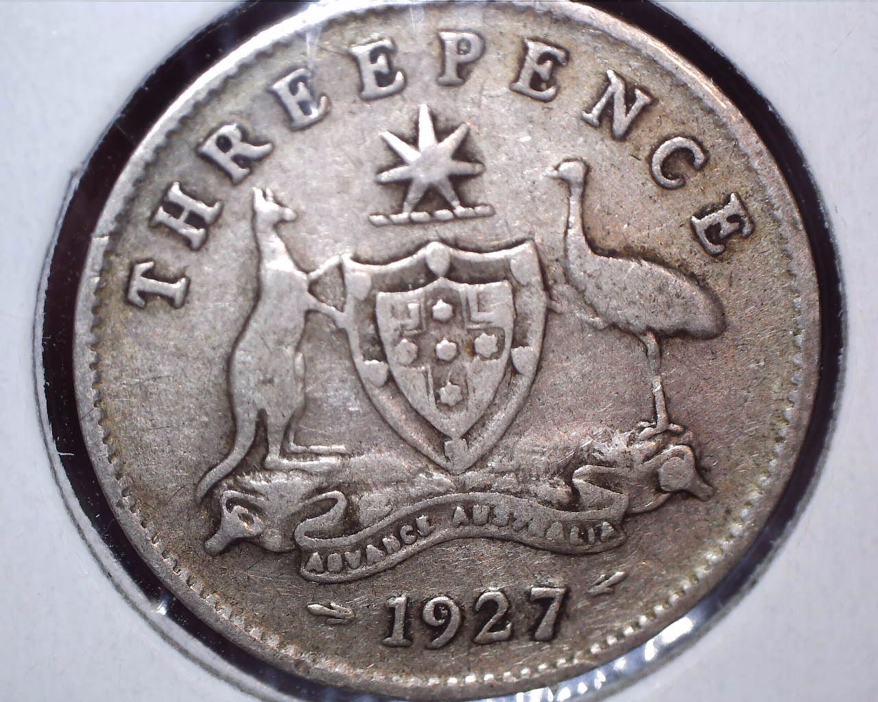 1927 Australian Three Pence - 92.5% Silver - Break in Emu Leg Error