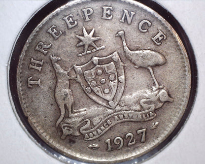 1927 Australian Three Pence - 92.5% Silver - Break in Emu Leg Error