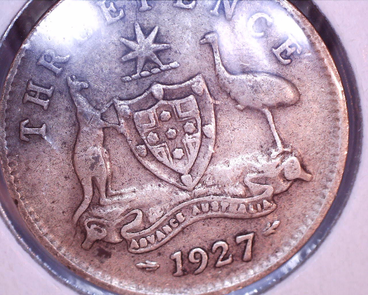 1927 Australian Three Pence - 92.5% Silver - Break in Emu Leg Error