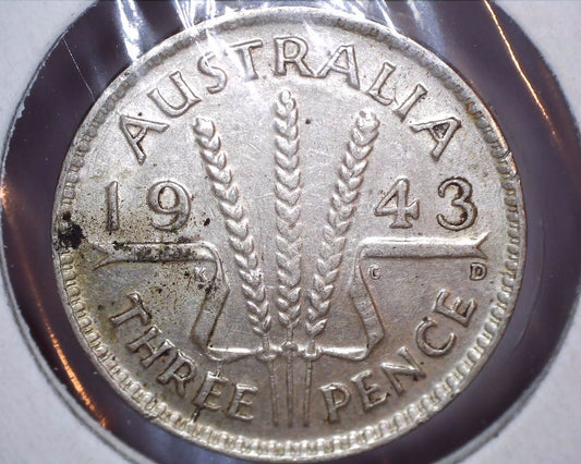 1943 D Australian Three Pence - 92.5% Silver - Die Crack Error