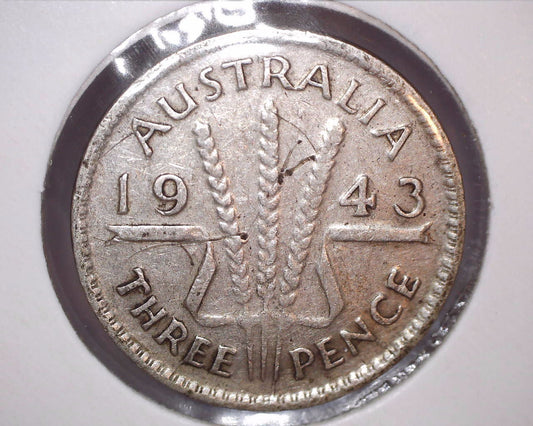 1943 - M Australian Three Pence - 92.5% Silver - Die Crack Error