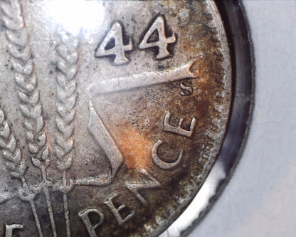 1944 - S Australian Three Pence - 92.5% Silver - High Mintmark Error