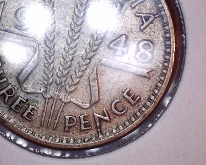 1948 Australian Three Pence - 50% Silver - Die Crack Error