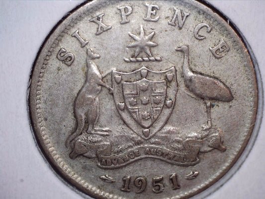 1951 Australian Six Pence - 50% Silver - Error Variety Missing Emu Leg