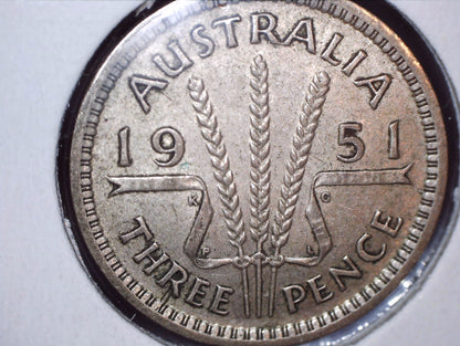 1951 - PL Australian Three Pence - 50% Silver - Die Crack Error