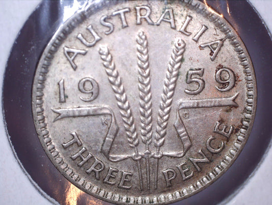 1959 Australian Three Pence - 50% Silver - Double Rim and Die Crack Error