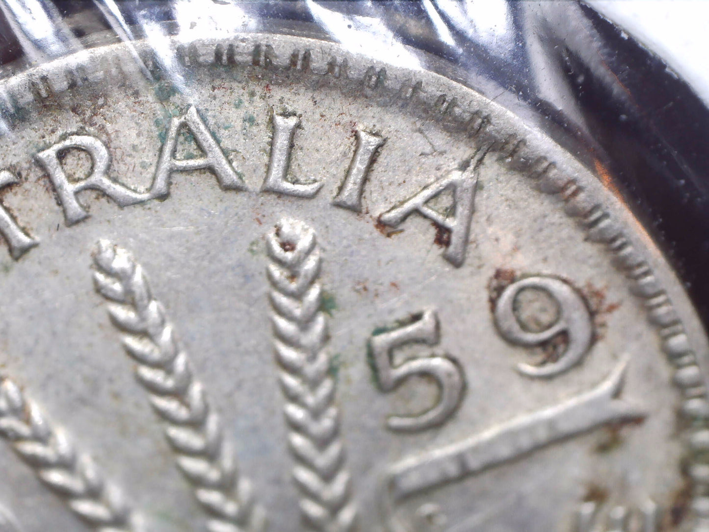 1959 Australian Three Pence - 50% Silver - Double Rim and Die Crack Error