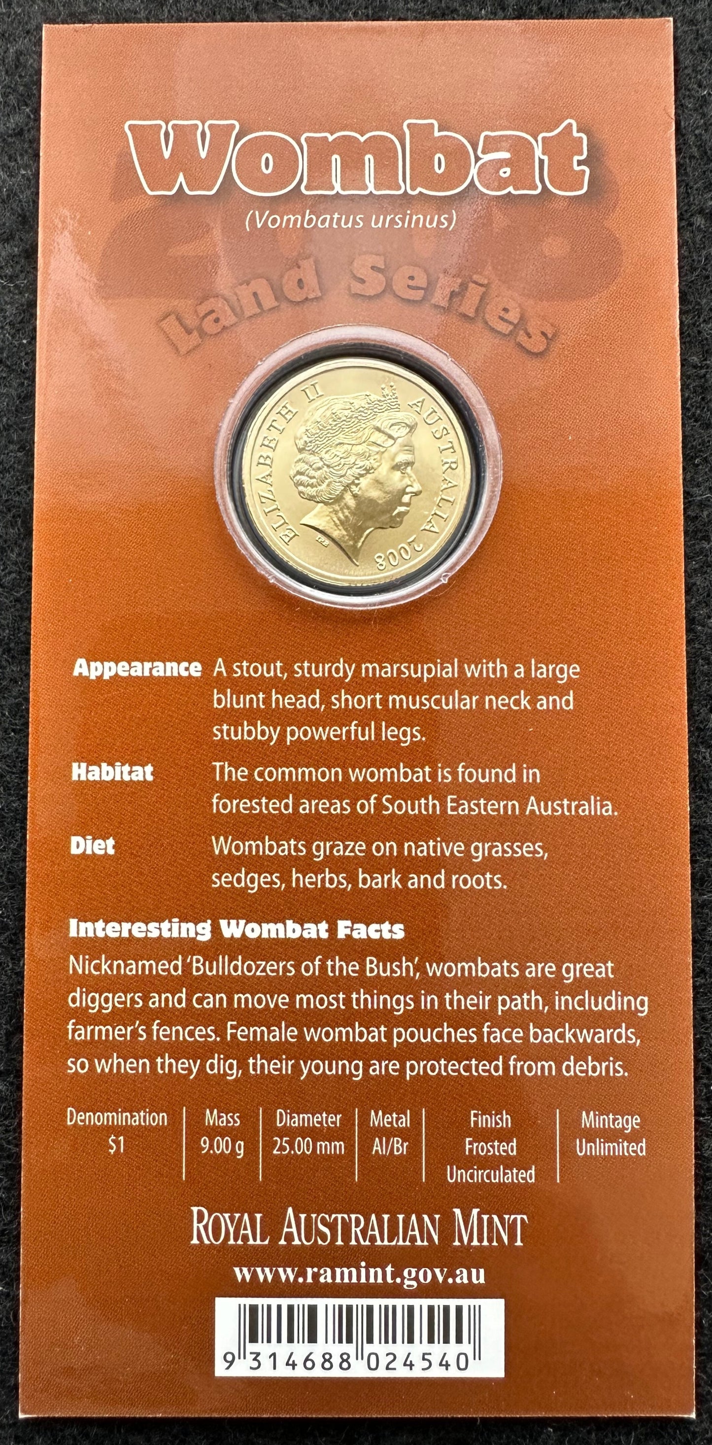 2009 Land Series - Wombat One Dollar ($1) Uncirculated Australian Decimal Coin