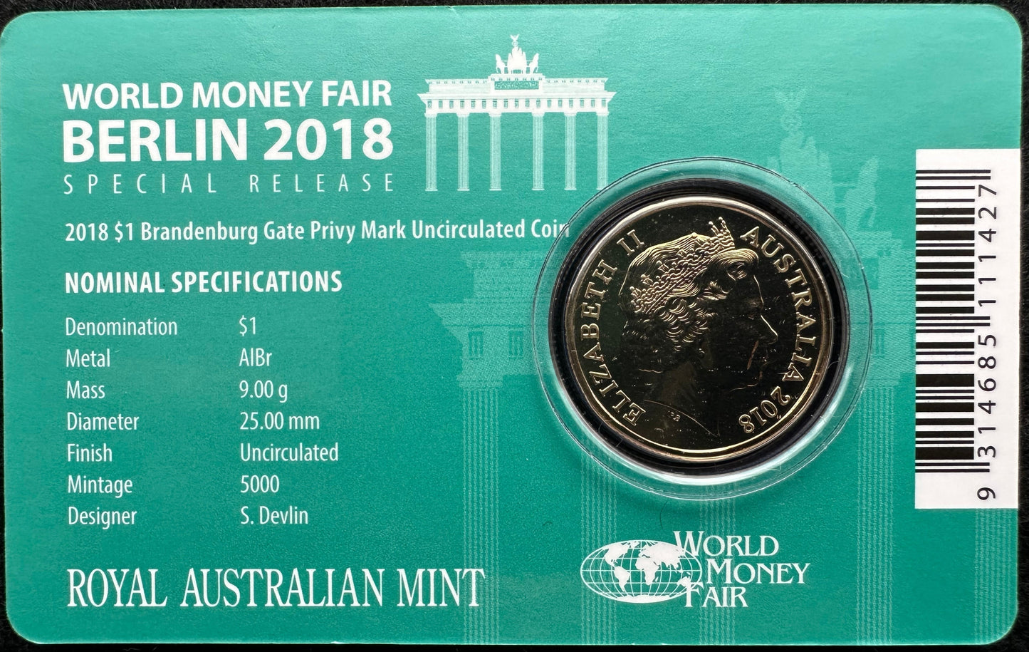 2018 $1 One Dollar World Money Fair Brandenburg Gate Privy Mark UNC