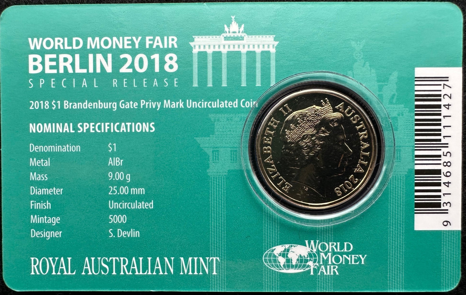 2018 1 One Dollar World Money Fair Brandenburg Gate Privy Mark UNC