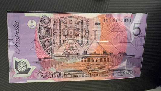 2015 $5 Stevens / Fraser BA15 First Prefix R223F Uncirculated note in Two Generations Banknotes Presentation Folder