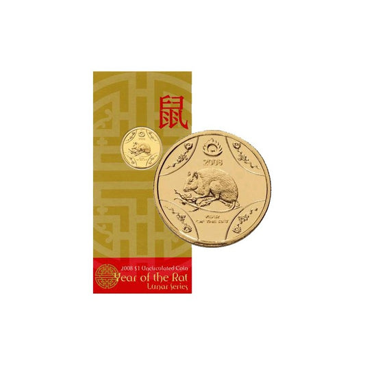 2008 $1 Lunar Year of the Rat Al Br Unc Coin in RAM Card
