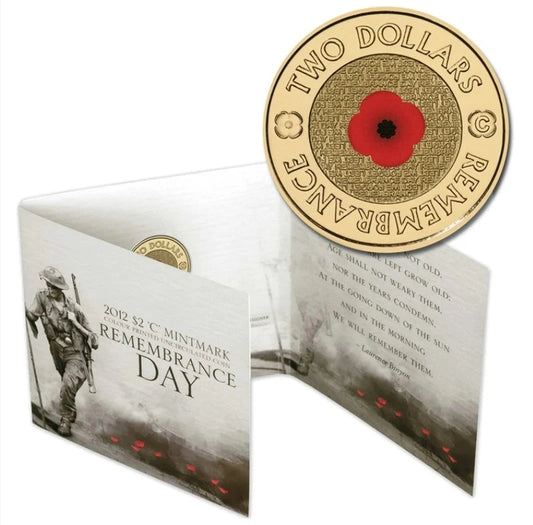 2012 Remembrance Day Red Poppy $2 C Mintmark Coin in Trifold Card