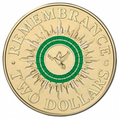 2014 $2 Uncirculated 'C' Mintmark Coloured Coin - Remembrance Day Green Dove in Tri-fold card