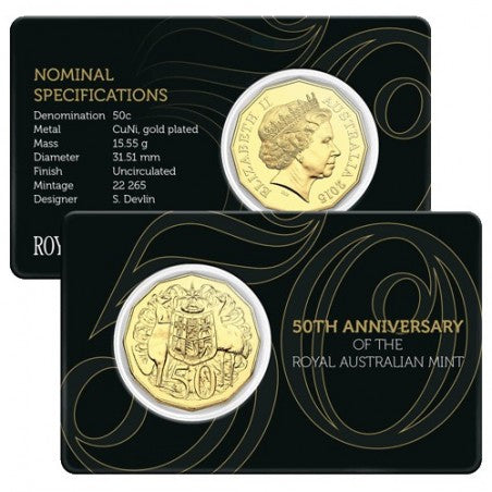 2015 Royal Australian Mint Fifty Cents 50c 50th Anniversary of RAM Gold Plated Carded Uncirculated Coin