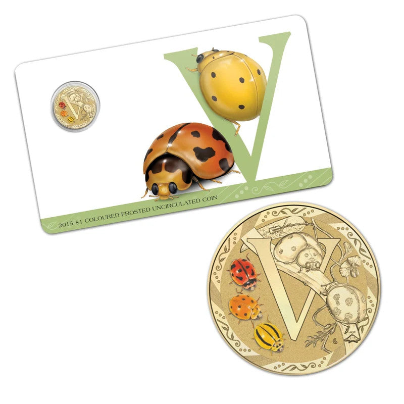 2015 $1 Colour Printed Frosted Uncirculated Alphabet Coin – Letter V