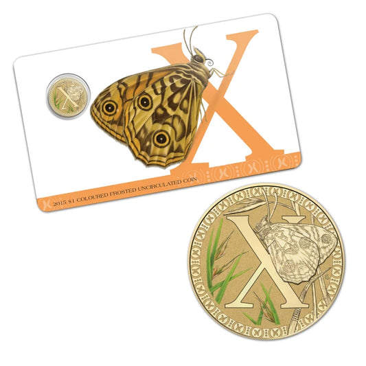 2015 $1 Colour Printed Frosted Uncirculated Alphabet Coin – Letter X