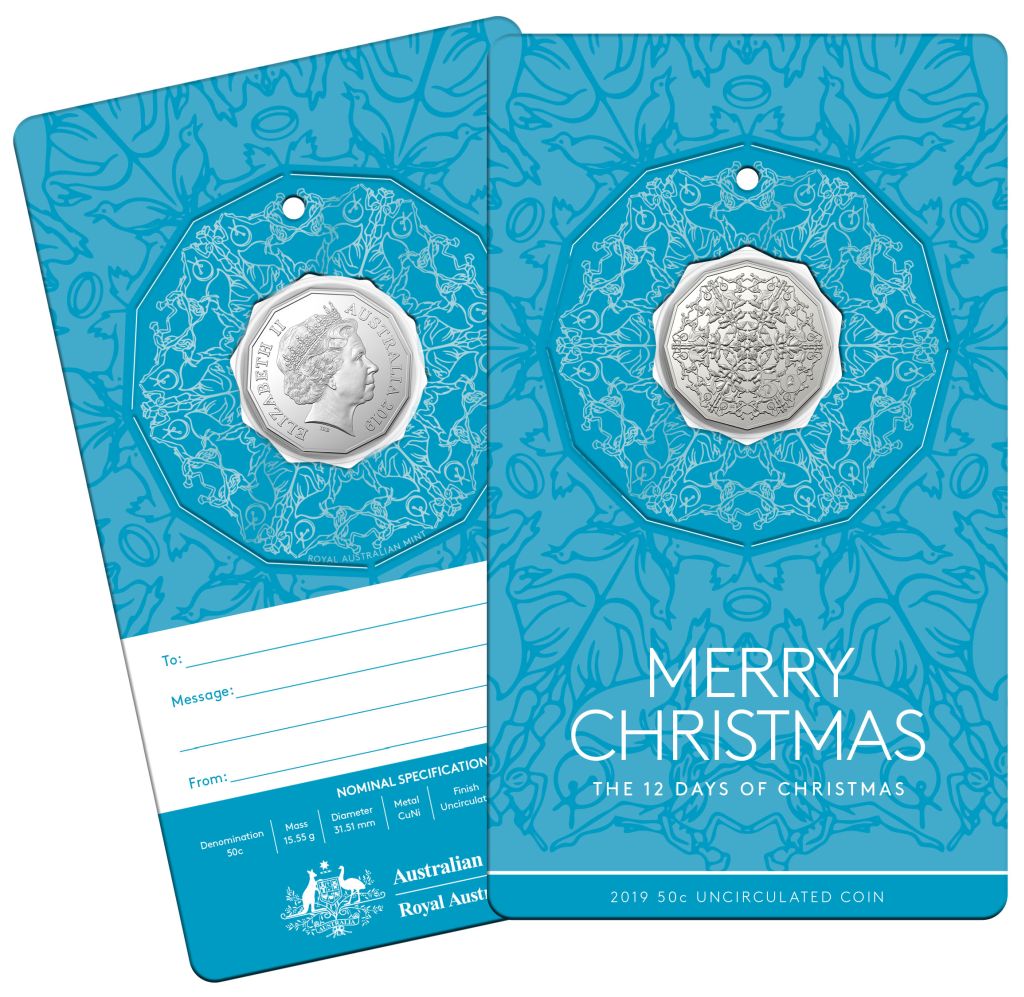 2019 'BLUE" Fifty Cent The Twelve Days of Christmas (50c) Uncirculated Australian Decimal Coin