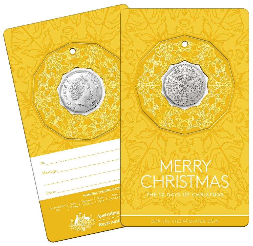 2019 'YELLOW" Fifty Cent The Twelve Days of Christmas (50c) Uncirculated Australian Decimal Coin