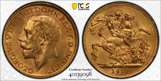 1913 Great Britain UK Gold Sovereign PCGS Graded MS64
