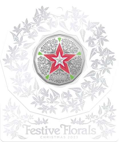 2023 50 Cent Christmas Decoration Coin Festive Floral Uncirculated - White Card