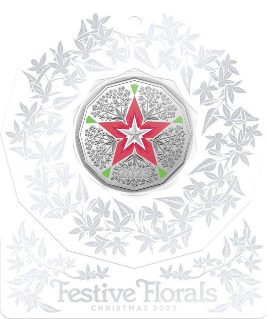 2023 50 Cent Christmas Decoration Coin Festive Floral Uncirculated - White Card