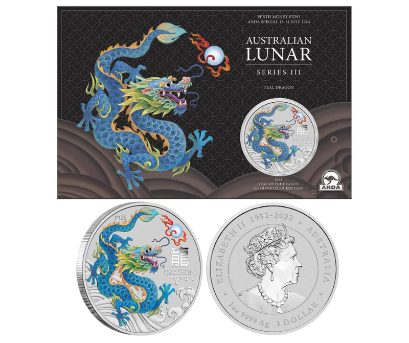 2024 Perth ANDA Money Expo - Year Of The Dragon Teal Dragon 1oz Silver Coloured Coin