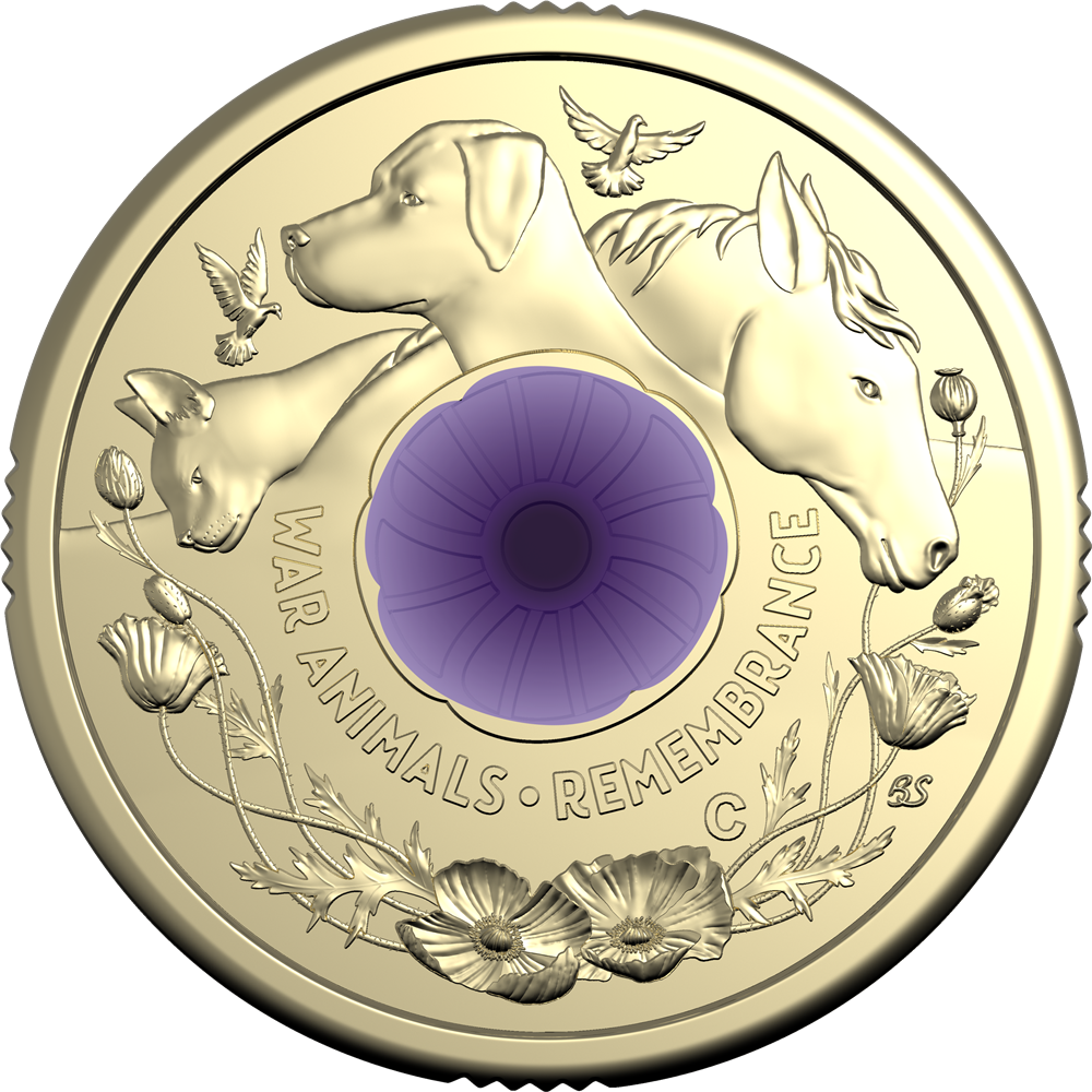 2024 War Animals Remembrance $2 C Mintmark Purple Poppy Coloured Uncirculated Coin