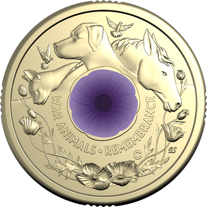 2024 War Animals Remembrance $2 C Mintmark Purple Poppy Coloured Uncirculated Coin