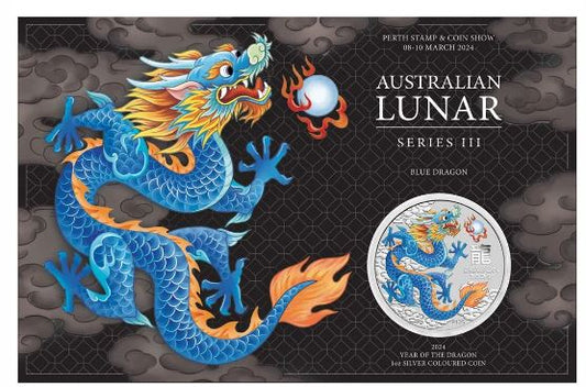 2024 Perth Stamp & Coin Show - Year Of The Dragon Blue Dragon 1oz Silver Coloured Coin