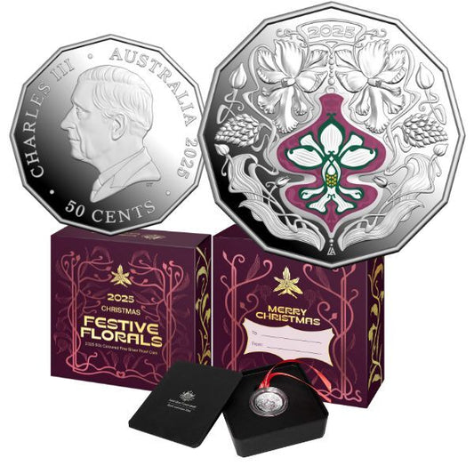 2025 Christmas Festive Florals Coloured 50c Fine Silver Proof Coin