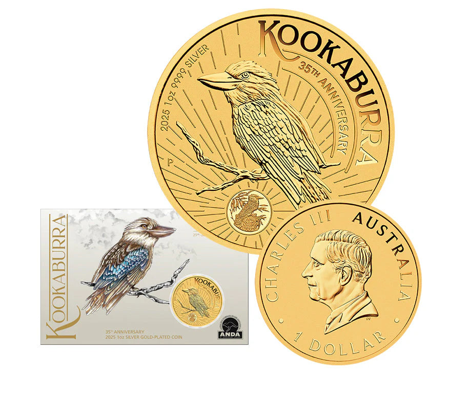2025 $1 35th Anniversary of the Australian Kookaburra 1oz Silver Gold Plated Coin in Card Sydney Money Expo ANDA Special (Perth Mint)