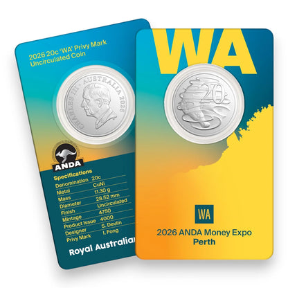 2026 Perth ANDA Money Expo ‘WA’ Privy Mark 20c Uncirculated Coin Card