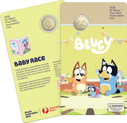 COMING SOON: 2026 Bluey $2 Privy Mark Coin Series – Collector Issue (Baby Race Design)