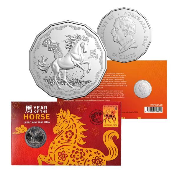 2026 Australia Year of the Horse 50c Tetradecagon Cu-Ni Stamp and Coin Cover (PNC)