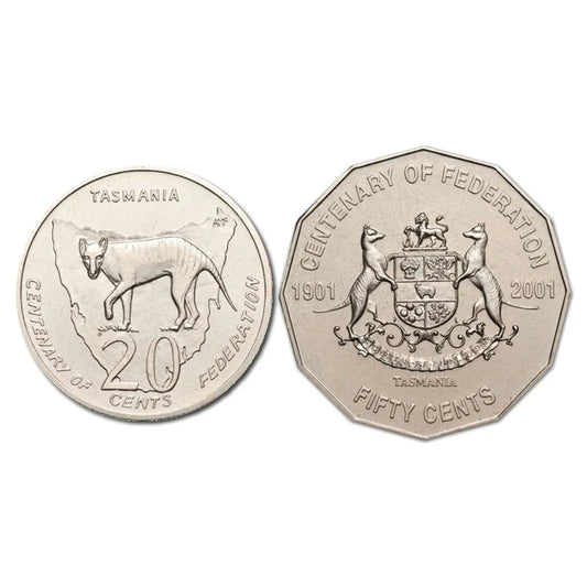 2001 Centenary of Federation TASMANIA - 20 cent & 50 cent coins- CIRCULATED