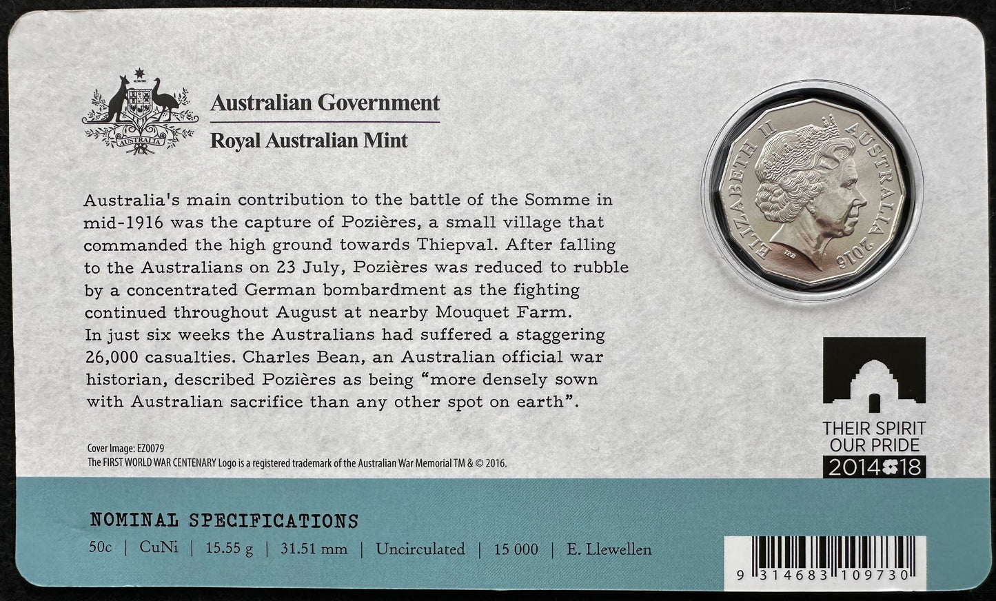 2016 50 cent The Battle of POZIERES The Western Front 1916-2016 carded coin