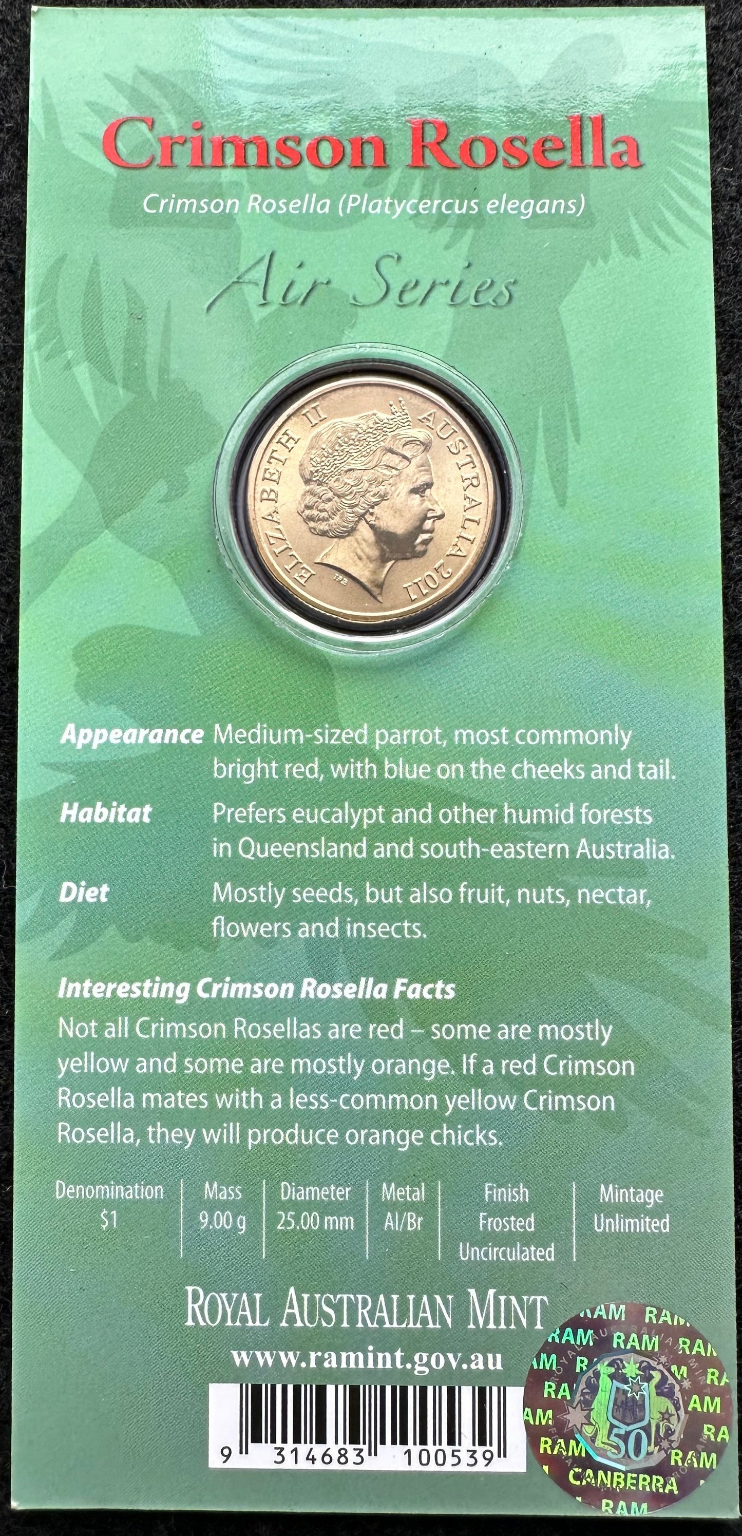 2011 $1 Air Series coloured coin - Crimson Rosella