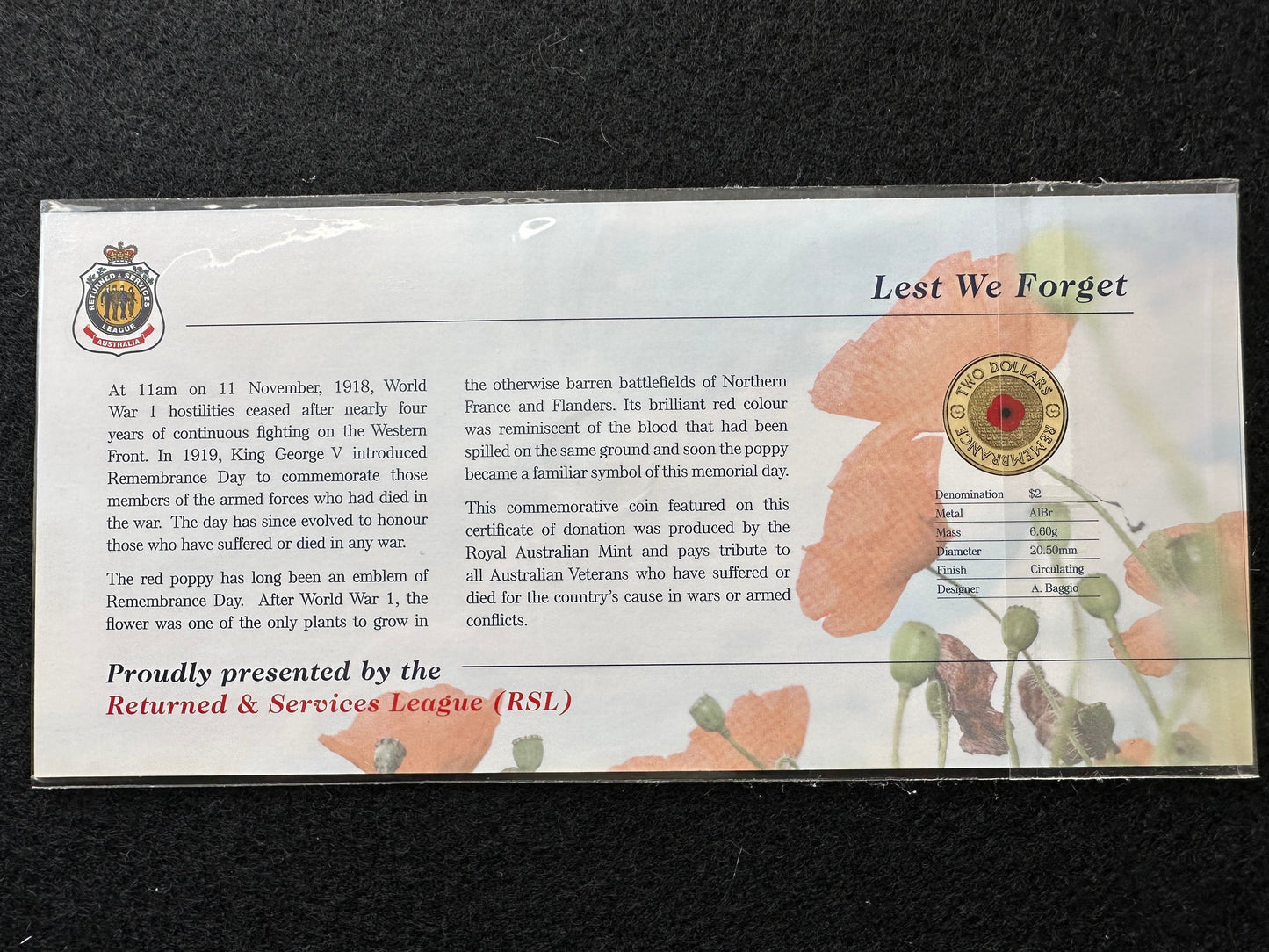 2012 $2 two dollar remembrance Red Poppy RSL UNC Coin Card