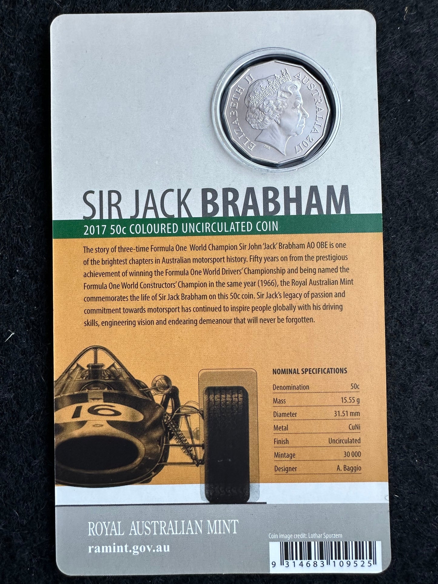 2017 50 cent Sir Jack Brabham Coloured Uncirculated Coin