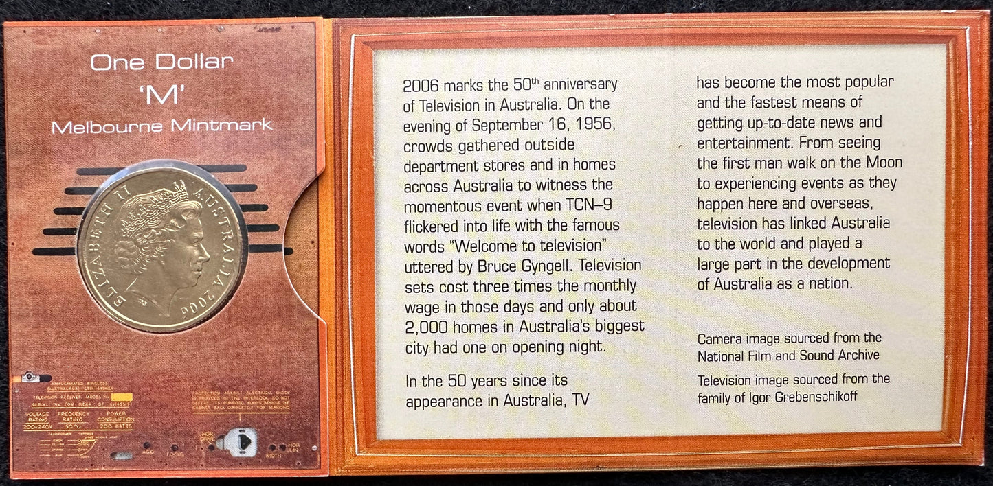 2006 50 Years of Australian Television "M Mintmark" One Dollar Coin in Ram Card