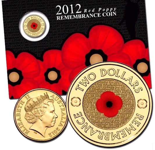 2012 Remembrance Day Red Poppy $2 Coin in Downies Card