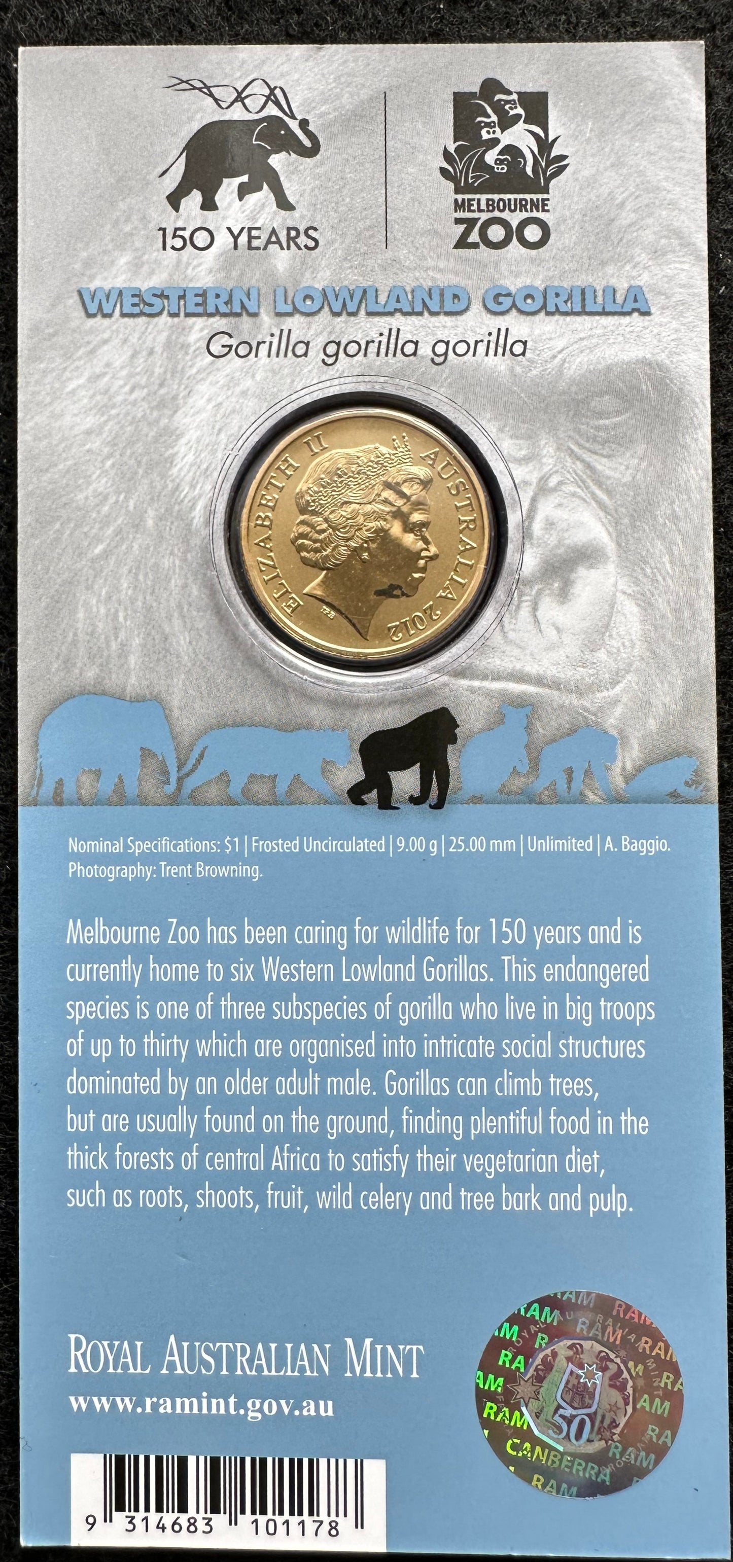 2012 $1 Animals of the Zoo Series coloured coin - Western Lowland Gorilla