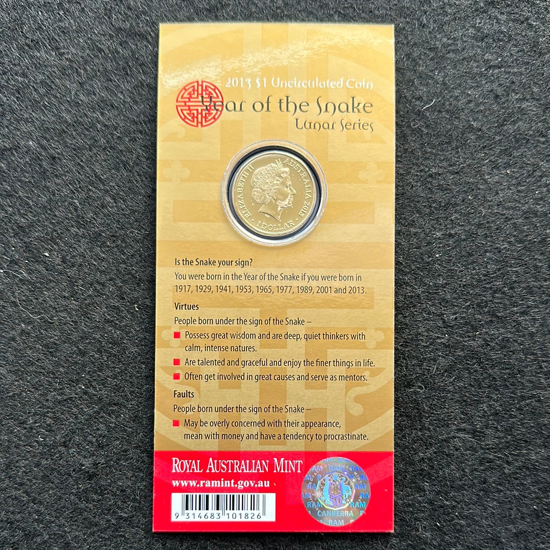 2013 $1 Lunar Year of the Snake Al Br Unc Coin in RAM Card