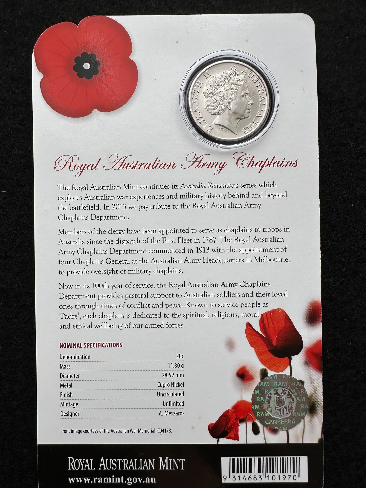 2013 20 cent Australia Remembers Royal Australian Army Chaplain Coin on card