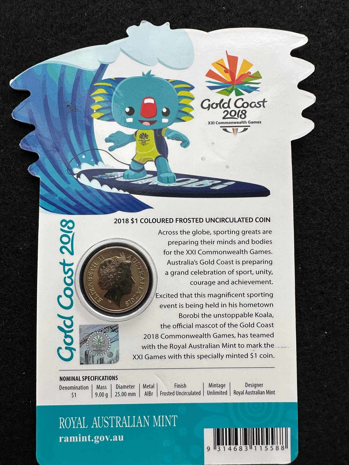2018 $1 One Dollar XXI Commonwealth Games - Borobi Frosted Unc Coin