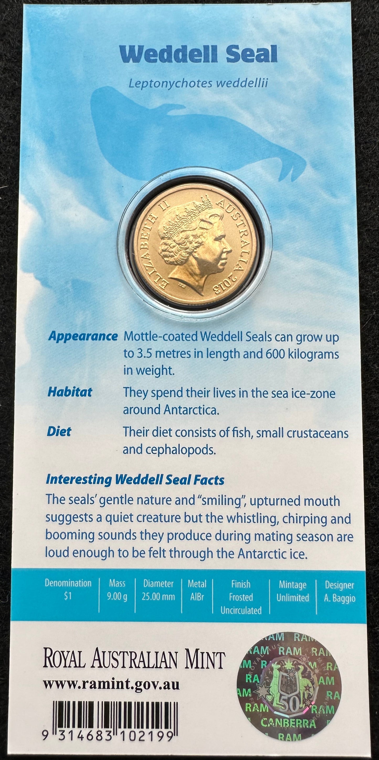 2013 $1 Polar Animals Series coloured coin - Weddell Seal