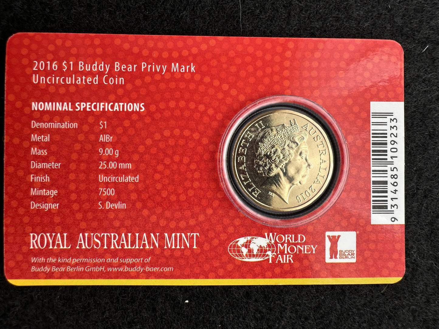 2016 $1 One Dollar World Money Fair Buddy Bear Privy Mark Carded Coin